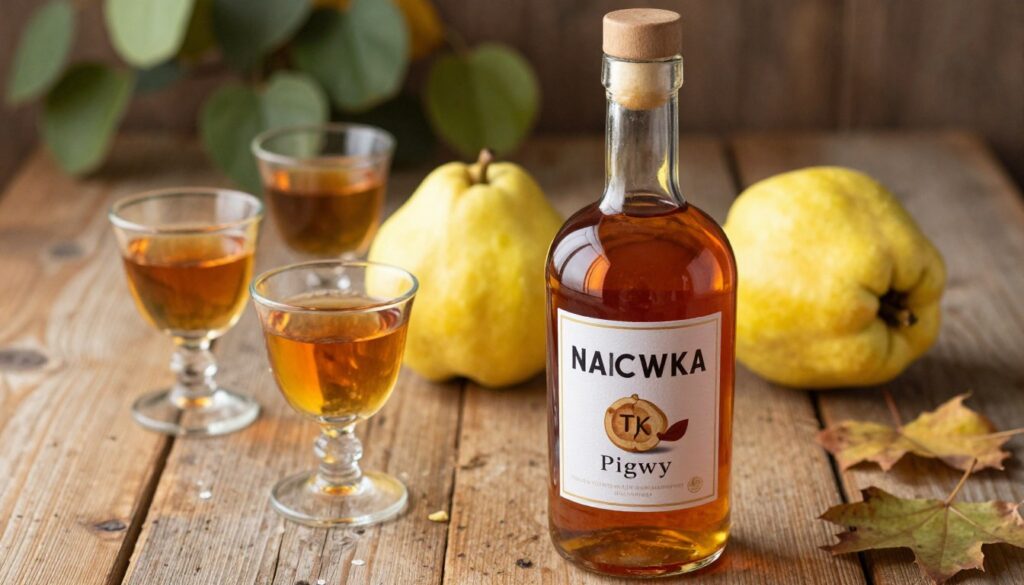 A beautifully arranged bottle of nalewka pigwy, showcasing its rich amber hue, prominently placed in the foreground. Surrounding the bottle, delicate glasses filled with the vibrant drink reflect the lighting, hinting at its sweet and tart flavor. In the middle ground, fresh quince fruits add a natural touch, their golden skin glistening under soft, warm lighting. Behind the arrangement, a rustic wooden table evokes a cozy atmosphere, with soft, blurred bokeh of greenery and autumn leaves suggesting a seasonal feel. The lighting should be warm and inviting, creating a sense of comfort and elegance. Capture this scene with a slight overhead angle to encompass all elements harmoniously, emphasizing the art of serving and storing this traditional liqueur. A beautifully arranged bottle of nalewka pigwy, showcasing its rich amber hue, prominently placed in the foreground. Surrounding the bottle, delicate glasses filled with the vibrant drink reflect the lighting, hinting at its sweet and tart flavor. In the middle ground, fresh quince fruits add a natural touch, their golden skin glistening under soft, warm lighting. Behind the arrangement, a rustic wooden table evokes a cozy atmosphere, with soft, blurred bokeh of greenery and autumn leaves suggesting a seasonal feel. The lighting should be warm and inviting, creating a sense of comfort and elegance. Capture this scene with a slight overhead angle to encompass all elements harmoniously, emphasizing the art of serving and storing this traditional liqueur.