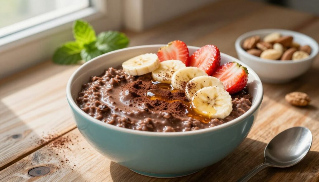 A beautifully arranged bowl of creamy chocolate oatmeal, topped with fresh fruit such as sliced bananas and strawberries, sprinkled with cocoa powder and drizzled with honey. In the foreground, the vibrant bowl sits on a rustic wooden table, capturing the warmth of breakfast. The oatmeal has a velvety texture, invitingly rich and smooth, emanating a delicious aroma of cocoa. Soft morning light filters in from a nearby window, casting gentle shadows that enhance the textures. In the background, a sprig of mint and a small dish of nuts add a touch of elegance. The overall mood is cozy and inviting, perfect for a comforting breakfast illustration.