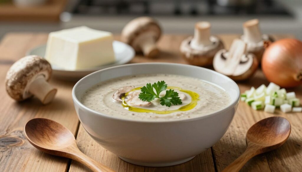 A beautifully arranged bowl of creamy mushroom soup sits elegantly on a rustic wooden table, garnished with fresh parsley and a drizzle of olive oil. In the foreground, a wooden spoon rests beside the bowl, suggesting a cozy, inviting atmosphere. The middle ground features an array of fresh ingredients, including whole mushrooms, creamy dairy, and chopped onions, creating a sense of preparation. Soft, warm lighting bathes the scene, highlighting the creamy texture of the soup and enhancing the earthy tones of the mushrooms. In the background, a blurred kitchen setting can be seen, with subtle hints of cooking utensils, giving an ambiance of a warm, homey kitchen. The overall mood is earthy and comforting, perfect for a comforting meal. A beautifully arranged bowl of creamy mushroom soup sits elegantly on a rustic wooden table, garnished with fresh parsley and a drizzle of olive oil. In the foreground, a wooden spoon rests beside the bowl, suggesting a cozy, inviting atmosphere. The middle ground features an array of fresh ingredients, including whole mushrooms, creamy dairy, and chopped onions, creating a sense of preparation. Soft, warm lighting bathes the scene, highlighting the creamy texture of the soup and enhancing the earthy tones of the mushrooms. In the background, a blurred kitchen setting can be seen, with subtle hints of cooking utensils, giving an ambiance of a warm, homey kitchen. The overall mood is earthy and comforting, perfect for a comforting meal.