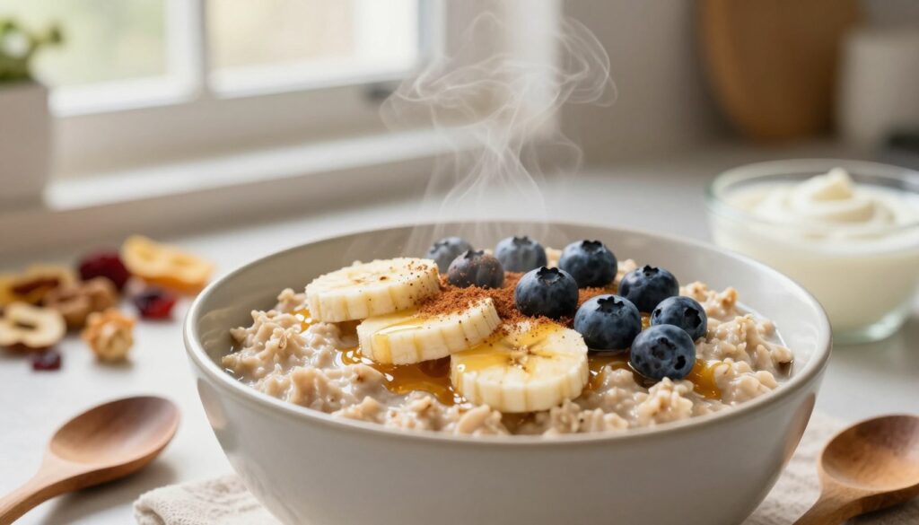 A beautifully arranged bowl of warm oatmeal, steaming and inviting, placed prominently in the foreground. The oatmeal is topped with a vibrant array of fresh toppings: ripe banana slices, a sprinkle of cinnamon, plump blueberries, and a drizzle of honey glistening in the light. A rustic wooden spoon rests beside the bowl, hinting at the comfort of homemade breakfast. In the middle ground, a softly blurred kitchen countertop with a few additional toppings like chopped nuts, dried fruits, and a small bowl of yogurt for contrast, creating a warm and cozy atmosphere. The background features a sunlit window, casting gentle, natural light over the scene, enhancing the inviting mood of a delightful breakfast. Soft focus and a warm color palette emphasize warmth and nourishment. A beautifully arranged bowl of warm oatmeal, steaming and inviting, placed prominently in the foreground. The oatmeal is topped with a vibrant array of fresh toppings: ripe banana slices, a sprinkle of cinnamon, plump blueberries, and a drizzle of honey glistening in the light. A rustic wooden spoon rests beside the bowl, hinting at the comfort of homemade breakfast. In the middle ground, a softly blurred kitchen countertop with a few additional toppings like chopped nuts, dried fruits, and a small bowl of yogurt for contrast, creating a warm and cozy atmosphere. The background features a sunlit window, casting gentle, natural light over the scene, enhancing the inviting mood of a delightful breakfast. Soft focus and a warm color palette emphasize warmth and nourishment.