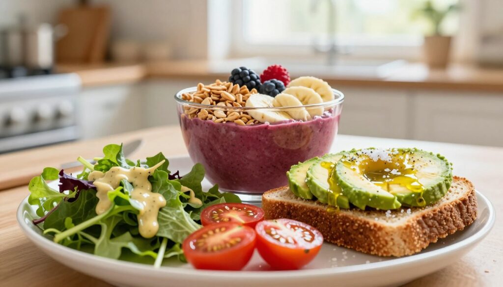 A beautifully arranged breakfast scene featuring sliced avocado on toasted whole grain bread, drizzled with olive oil and sprinkled with sea salt. Include fresh cherry tomatoes cut in half, and a small bowl of mixed greens tossed lightly with lemon vinaigrette in the foreground. In the middle, place a vibrant smoothie bowl topped with granola, banana slices, and a few berries. The background showcases a sunlit kitchen with soft natural light filtering through a window, illuminating the scene and creating a warm, inviting atmosphere. The composition should emphasize freshness and a healthy lifestyle, captured with a shallow depth of field using a 50mm lens to highlight the brilliant colors and textures of the food while softly blurring the background. A beautifully arranged breakfast scene featuring sliced avocado on toasted whole grain bread, drizzled with olive oil and sprinkled with sea salt. Include fresh cherry tomatoes cut in half, and a small bowl of mixed greens tossed lightly with lemon vinaigrette in the foreground. In the middle, place a vibrant smoothie bowl topped with granola, banana slices, and a few berries. The background showcases a sunlit kitchen with soft natural light filtering through a window, illuminating the scene and creating a warm, inviting atmosphere. The composition should emphasize freshness and a healthy lifestyle, captured with a shallow depth of field using a 50mm lens to highlight the brilliant colors and textures of the food while softly blurring the background.
