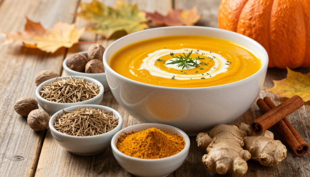 A beautifully arranged collection of spices and herbs for pumpkin soup, showcasing vibrant colors and textures. In the foreground, various small bowls filled with spices like cumin, nutmeg, ginger, and cinnamon, each with a distinct hue and grainy texture. In the middle, a smooth, creamy bowl of pumpkin soup with a swirl of cream and a sprinkle of fresh herbs, capturing warmth and comfort. The background features soft, blurred autumn leaves and a rustic wooden table, creating a cozy atmosphere. The lighting is warm and inviting, reminiscent of late afternoon sunlight, casting gentle shadows. The image conveys a sense of homey bliss and seasonal comfort, perfect for enhancing the flavors of a delicious pumpkin soup.