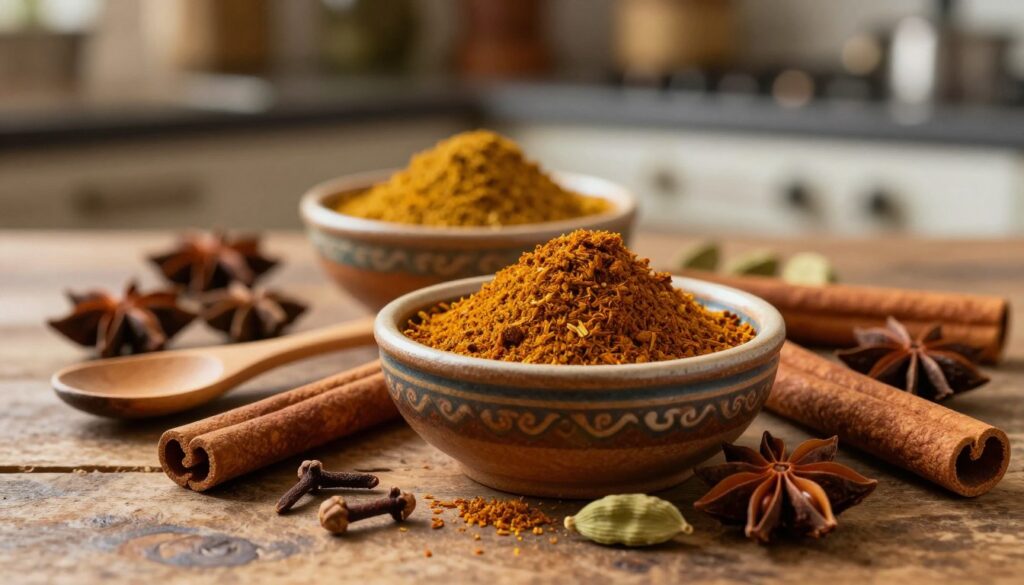 A beautifully arranged collection of spices used in garam masala, displayed on a rustic wooden surface. In the foreground, a handcrafted ceramic bowl filled with a rich, aromatic mix of garam masala is highlighted, with individual spices such as cinnamon sticks, cloves, star anise, and cardamom pods scattered artistically around it. In the middle, a small wooden spoon rests beside the bowl, suggesting a recent cooking endeavor. The background features a softly blurred kitchen setting with warm, inviting lighting that enhances the rich colors of the spices. The overall mood is warm and inviting, evoking a sense of rich culinary tradition and aromatic complexity. The scene captures the essence of the unique aroma and components of this beloved spice blend. A beautifully arranged collection of spices used in garam masala, displayed on a rustic wooden surface. In the foreground, a handcrafted ceramic bowl filled with a rich, aromatic mix of garam masala is highlighted, with individual spices such as cinnamon sticks, cloves, star anise, and cardamom pods scattered artistically around it. In the middle, a small wooden spoon rests beside the bowl, suggesting a recent cooking endeavor. The background features a softly blurred kitchen setting with warm, inviting lighting that enhances the rich colors of the spices. The overall mood is warm and inviting, evoking a sense of rich culinary tradition and aromatic complexity. The scene captures the essence of the unique aroma and components of this beloved spice blend.