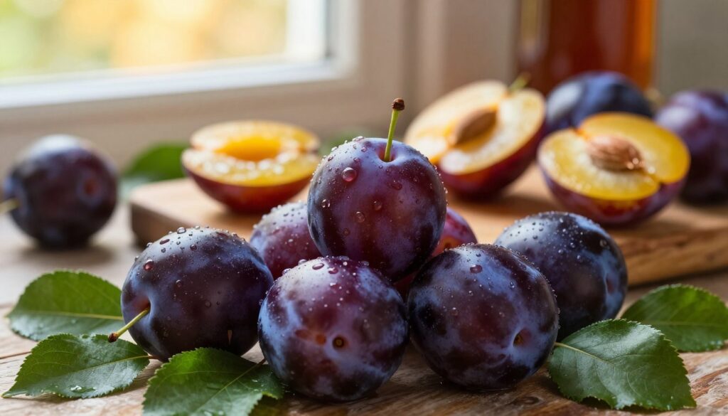 A beautifully arranged composition of ripe "śliwki węgierki," the famous dark purple plums, displayed prominently in the foreground. The plums are glistening with dew, showcasing their smooth skin and rich color. Surround them with lush green leaves to emphasize freshness. In the middle, include a rustic wooden cutting board with a few plums sliced open, revealing their vibrant yellow flesh and small pits, highlighting their quality for the traditional plum brandy, śliwowica. In the background, softly blurred, a warm golden light filters through a window, creating a cozy atmosphere reminiscent of a home kitchen. The focus is sharp on the plums, with a shallow depth of field that draws the viewer's eye to their texture and colors. The overall mood is inviting, hinting at a homey, traditional preparation process. A beautifully arranged composition of ripe "śliwki węgierki," the famous dark purple plums, displayed prominently in the foreground. The plums are glistening with dew, showcasing their smooth skin and rich color. Surround them with lush green leaves to emphasize freshness. In the middle, include a rustic wooden cutting board with a few plums sliced open, revealing their vibrant yellow flesh and small pits, highlighting their quality for the traditional plum brandy, śliwowica. In the background, softly blurred, a warm golden light filters through a window, creating a cozy atmosphere reminiscent of a home kitchen. The focus is sharp on the plums, with a shallow depth of field that draws the viewer's eye to their texture and colors. The overall mood is inviting, hinting at a homey, traditional preparation process.