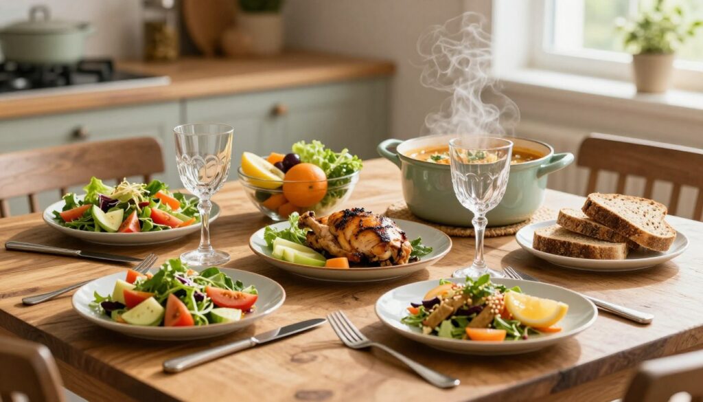 A beautifully arranged dining table set for lunch, featuring a variety of appetizing meals that represent a balanced diet, including colorful salads, grilled chicken, and whole grain bread. In the foreground, a rustic wooden table holds plates garnished with fresh ingredients, sparkling cutlery, and elegant glassware reflecting natural light. The middle ground displays a vibrant fruit bowl and a steaming pot of soup, conveying warmth and comfort. In the background, soft-focus kitchen elements like herbs and spices evoke a cozy, inviting atmosphere. The lighting is warm and soft, mimicking midday sunlight streaming through a window. The scene should feel wholesome and nurturing, inspiring a sense of well-being and the importance of meal timing. A beautifully arranged dining table set for lunch, featuring a variety of appetizing meals that represent a balanced diet, including colorful salads, grilled chicken, and whole grain bread. In the foreground, a rustic wooden table holds plates garnished with fresh ingredients, sparkling cutlery, and elegant glassware reflecting natural light. The middle ground displays a vibrant fruit bowl and a steaming pot of soup, conveying warmth and comfort. In the background, soft-focus kitchen elements like herbs and spices evoke a cozy, inviting atmosphere. The lighting is warm and soft, mimicking midday sunlight streaming through a window. The scene should feel wholesome and nurturing, inspiring a sense of well-being and the importance of meal timing.