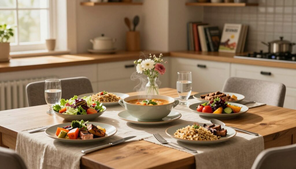 A beautifully arranged dining table set for lunch, showcasing a variety of colorful and nutritious dishes. In the foreground, a wooden table adorned with an elegant tablecloth. Fresh salads, grilled vegetables, and a steaming bowl of homemade soup are artfully placed in the center, surrounded by plates of whole grains and lean proteins. A glass of water and a small vase of flowers add a personal touch. In the middle ground, a warmly lit kitchen space can be seen, with sunlight streaming through a window, creating a cozy atmosphere. In the background, there are shelves neatly filled with cookbooks, promoting a sense of organization and meal planning. Soft, inviting lighting illuminates the scene, evoking a mood of comfort and health. A beautifully arranged dining table set for lunch, showcasing a variety of colorful and nutritious dishes. In the foreground, a wooden table adorned with an elegant tablecloth. Fresh salads, grilled vegetables, and a steaming bowl of homemade soup are artfully placed in the center, surrounded by plates of whole grains and lean proteins. A glass of water and a small vase of flowers add a personal touch. In the middle ground, a warmly lit kitchen space can be seen, with sunlight streaming through a window, creating a cozy atmosphere. In the background, there are shelves neatly filled with cookbooks, promoting a sense of organization and meal planning. Soft, inviting lighting illuminates the scene, evoking a mood of comfort and health.