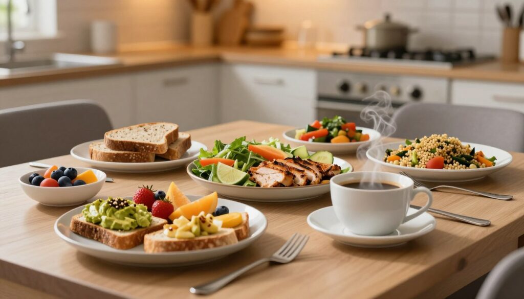 A beautifully arranged dining table showcasing a variety of well-balanced meals throughout the day. In the foreground, a vibrant breakfast spread featuring avocado toast, fresh fruits, and a steaming cup of coffee. In the middle ground, a hearty lunch with a colorful salad, grilled chicken, and whole grain bread. Further back, a dinner setting with a cozy ambiance, illuminated by soft evening light; the table adorned with a wholesome vegetable stir-fry and quinoa. The background features a softly blurred kitchen with warm lighting, creating an inviting atmosphere. The overall mood is harmonious and calming, emphasizing the importance of a consistent meal rhythm for well-being. Use a shallow depth of field to focus on the meals, enhancing their appetizing presentation. A beautifully arranged dining table showcasing a variety of well-balanced meals throughout the day. In the foreground, a vibrant breakfast spread featuring avocado toast, fresh fruits, and a steaming cup of coffee. In the middle ground, a hearty lunch with a colorful salad, grilled chicken, and whole grain bread. Further back, a dinner setting with a cozy ambiance, illuminated by soft evening light; the table adorned with a wholesome vegetable stir-fry and quinoa. The background features a softly blurred kitchen with warm lighting, creating an inviting atmosphere. The overall mood is harmonious and calming, emphasizing the importance of a consistent meal rhythm for well-being. Use a shallow depth of field to focus on the meals, enhancing their appetizing presentation.