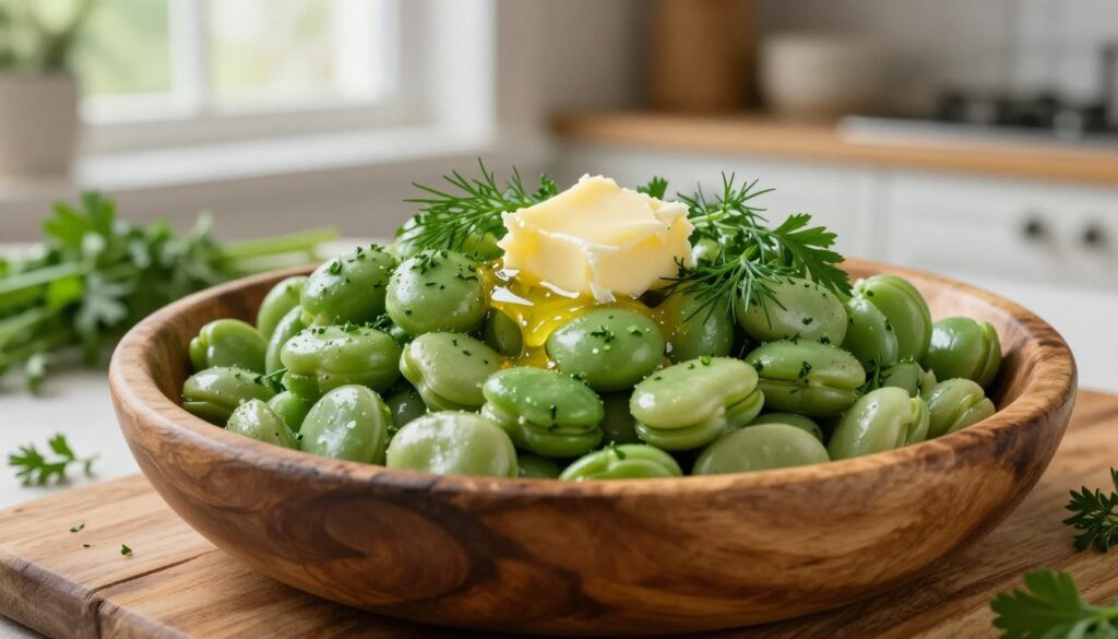 A beautifully arranged dish of broad beans (bób maślany) topped with fresh herbs like dill and parsley, glistening with melted butter. In the foreground, the vibrant green beans are nestled in a rustic wooden bowl, their smooth texture contrasting with the uneven surface of the wood. The middle ground features a scattering of fine herbs and a pat of butter melting gently over the beans. In the background, a soft-focus kitchen setting with natural light streaming through a window creates a warm and inviting atmosphere. The mood is fresh and earthy, emphasizing the classic connection of beans with butter and herbs, evoking a sense of culinary delight and simplicity. A beautifully arranged dish of broad beans (bób maślany) topped with fresh herbs like dill and parsley, glistening with melted butter. In the foreground, the vibrant green beans are nestled in a rustic wooden bowl, their smooth texture contrasting with the uneven surface of the wood. The middle ground features a scattering of fine herbs and a pat of butter melting gently over the beans. In the background, a soft-focus kitchen setting with natural light streaming through a window creates a warm and inviting atmosphere. The mood is fresh and earthy, emphasizing the classic connection of beans with butter and herbs, evoking a sense of culinary delight and simplicity.