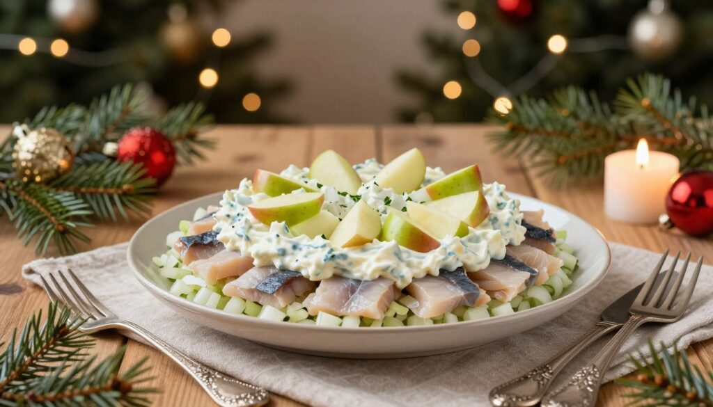 A beautifully arranged dish of traditional Polish "sałatka śledziowa" takes center stage, showcasing layers of herring fillets, diced onions, chopped apples, and creamy mayonnaise. The vibrant colors of the ingredients create an inviting and festive atmosphere. In the foreground, dainty serving utensils glimmer in soft, warm candlelight, enhancing the elegance of the holiday spread. The middle ground features a textured wooden table adorned with a light fabric tablecloth, scattered pine needles, and a few decorative Christmas ornaments, adding seasonal charm. The background is softly blurred, highlighting twinkling fairy lights and a decorated Christmas tree, casting a cozy glow over the entire scene. The mood is warm, inviting, and perfect for a festive holiday gathering.