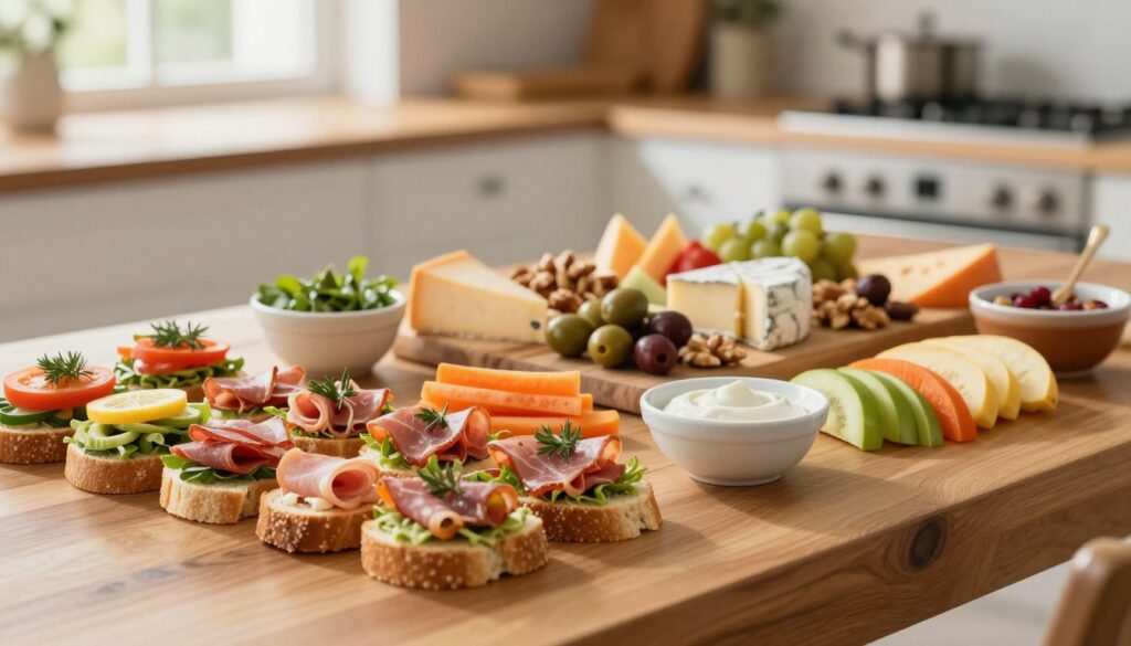 A beautifully arranged display of cold snacks on a wooden table, featuring an assortment of colorful items. In the foreground, appetizing bite-sized sandwiches with fresh vegetables and deli meats, scattered alongside vibrant vegetable sticks, dips in small bowls, and artfully sliced fruit. In the middle, an elegant charcuterie board enhances the scene, showcasing an array of cheeses, olives, and nuts, all designed to tempt the viewer's palette. The background softly blurs to reveal a serene kitchen setting with warm, natural light filtering in through a window, creating a cozy atmosphere. The composition is photographed from a slightly elevated angle, capturing the inviting nature of these quick and appealing snacks, perfect for a light meal or mid-day treat.