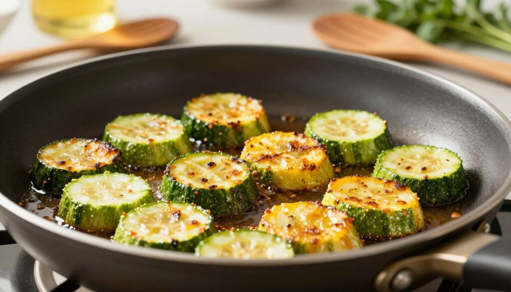 A beautifully arranged display of crispy zucchini slices on a frying pan, sizzling as they cook to golden perfection. In the foreground, vibrant green and yellow zucchini pieces are elegantly placed, showcasing their texture and sheen. The middle ground features a well-seasoned frying pan, with oil glistening under warm, natural light, amplifying the colors of the zucchini. The background includes a softly blurred kitchen setting, with wooden utensils and fresh herbs to create a homely atmosphere. The lighting is bright yet warm, reminiscent of late afternoon sun, evoking a sense of warmth and comfort. The scene captures the essence of perfect frying techniques for achieving that ideal crunchy texture on zucchini. A beautifully arranged display of crispy zucchini slices on a frying pan, sizzling as they cook to golden perfection. In the foreground, vibrant green and yellow zucchini pieces are elegantly placed, showcasing their texture and sheen. The middle ground features a well-seasoned frying pan, with oil glistening under warm, natural light, amplifying the colors of the zucchini. The background includes a softly blurred kitchen setting, with wooden utensils and fresh herbs to create a homely atmosphere. The lighting is bright yet warm, reminiscent of late afternoon sun, evoking a sense of warmth and comfort. The scene captures the essence of perfect frying techniques for achieving that ideal crunchy texture on zucchini.