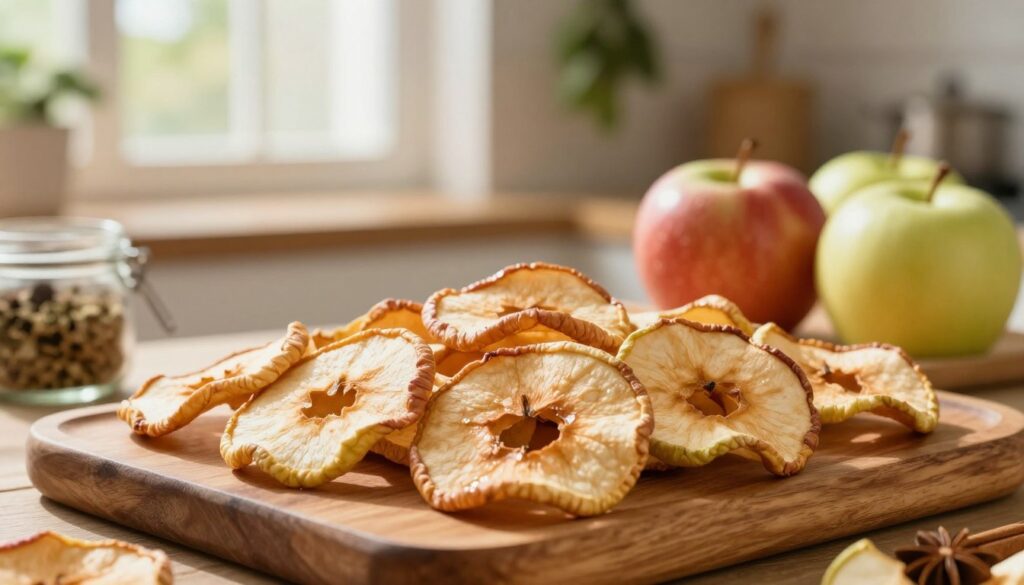 A beautifully arranged display of dried apple slices, showcasing their golden-brown hues and natural textures. In the foreground, a rustic wooden platter holds a generous serving of thin, perfectly dehydrated apple rings, their glossy surfaces catching the light. In the middle ground, a few whole apples in shades of red and green add a pop of color, alongside a small jar of cinnamon and herbs, hinting at the flavoring options for drying. The background features a softly blurred kitchen setting, with hanging herbs and a warm, inviting atmosphere created by gentle morning sunlight filtering through a window. The overall mood is cozy and homely, ideal for illustrating alternative methods of drying apples at home. A beautifully arranged display of dried apple slices, showcasing their golden-brown hues and natural textures. In the foreground, a rustic wooden platter holds a generous serving of thin, perfectly dehydrated apple rings, their glossy surfaces catching the light. In the middle ground, a few whole apples in shades of red and green add a pop of color, alongside a small jar of cinnamon and herbs, hinting at the flavoring options for drying. The background features a softly blurred kitchen setting, with hanging herbs and a warm, inviting atmosphere created by gentle morning sunlight filtering through a window. The overall mood is cozy and homely, ideal for illustrating alternative methods of drying apples at home.