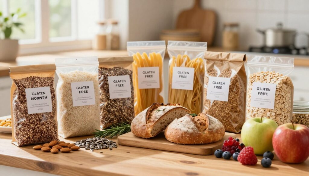 A beautifully arranged display of gluten-free grain products, including vibrant bags of quinoa, rice, amaranth, and gluten-free oats, each labeled clearly. In the foreground, a wooden table with fresh ingredients like almonds, sunflower seeds, and vibrant fruits such as berries and apples enhances the healthy lifestyle theme. In the middle ground, artisanal gluten-free bread and pasta are showcased, presented with herbs like rosemary and thyme for a touch of freshness. The background features a softly blurred kitchen setting with natural light streaming through a window, casting a warm glow. The atmosphere is inviting and wholesome, perfect for conveying health and well-being. Utilize a soft focus lens effect to create a dreamy quality while maintaining clear details on the products. A beautifully arranged display of gluten-free grain products, including vibrant bags of quinoa, rice, amaranth, and gluten-free oats, each labeled clearly. In the foreground, a wooden table with fresh ingredients like almonds, sunflower seeds, and vibrant fruits such as berries and apples enhances the healthy lifestyle theme. In the middle ground, artisanal gluten-free bread and pasta are showcased, presented with herbs like rosemary and thyme for a touch of freshness. The background features a softly blurred kitchen setting with natural light streaming through a window, casting a warm glow. The atmosphere is inviting and wholesome, perfect for conveying health and well-being. Utilize a soft focus lens effect to create a dreamy quality while maintaining clear details on the products.