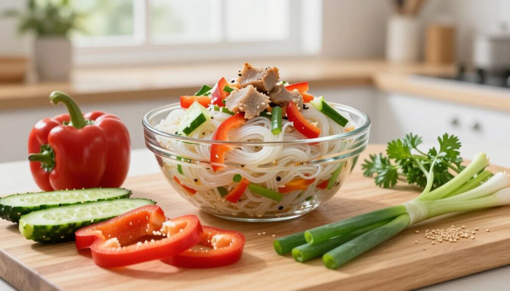 A beautifully arranged display of ingredients for a light salad featuring surimi and rice noodles, captured in a bright kitchen setting. In the foreground, fresh vegetables like vibrant red bell peppers, crisp cucumbers, and green spring onions are artistically scattered around a bowl of cooked rice noodles and chunks of surimi. The middle ground includes an elegant glass bowl filled with the mixed ingredients, glistening with a light dressing. In the background, soft natural light streams through a window, illuminating a wooden countertop adorned with fresh herbs and a sprinkling of sesame seeds. The overall atmosphere is fresh, inviting, and perfect for a casual gathering, evoking a sense of healthy indulgence. A beautifully arranged display of ingredients for a light salad featuring surimi and rice noodles, captured in a bright kitchen setting. In the foreground, fresh vegetables like vibrant red bell peppers, crisp cucumbers, and green spring onions are artistically scattered around a bowl of cooked rice noodles and chunks of surimi. The middle ground includes an elegant glass bowl filled with the mixed ingredients, glistening with a light dressing. In the background, soft natural light streams through a window, illuminating a wooden countertop adorned with fresh herbs and a sprinkling of sesame seeds. The overall atmosphere is fresh, inviting, and perfect for a casual gathering, evoking a sense of healthy indulgence.