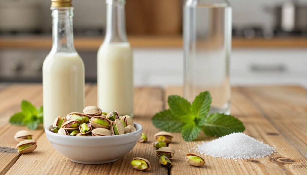 A beautifully arranged display of ingredients for homemade pistachio liqueur, set on a rustic wooden table. In the foreground, a small bowl filled with vibrant green pistachios, their shells partially opened, radiating freshness. Beside it, elegant glass bottles of cream and vodka, glimmering under soft, warm lighting. In the middle ground, fresh mint leaves and a handful of sugar crystals are artfully scattered, adding a touch of color and texture. The background features blurred hints of an inviting kitchen, with warm tones that evoke a cozy atmosphere. The scene is captured with a shallow depth of field, allowing the main ingredients to stand out sharply while the background softly fades, creating a serene, homey mood perfect for crafting the ideal creamy liqueur. A beautifully arranged display of ingredients for homemade pistachio liqueur, set on a rustic wooden table. In the foreground, a small bowl filled with vibrant green pistachios, their shells partially opened, radiating freshness. Beside it, elegant glass bottles of cream and vodka, glimmering under soft, warm lighting. In the middle ground, fresh mint leaves and a handful of sugar crystals are artfully scattered, adding a touch of color and texture. The background features blurred hints of an inviting kitchen, with warm tones that evoke a cozy atmosphere. The scene is captured with a shallow depth of field, allowing the main ingredients to stand out sharply while the background softly fades, creating a serene, homey mood perfect for crafting the ideal creamy liqueur.