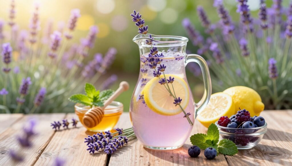 A beautifully arranged display of lavender lemonade enhancements on a rustic wooden table. In the foreground, a glass pitcher filled with lavender lemonade, garnished with fresh lavender sprigs and lemon slices. Surrounding the pitcher, small bowls contain vibrant ingredients like honey, mint leaves, and fresh berries. The middle layer features a softly blurred backdrop of a sunlit garden, where lavender flowers bloom in abundance, casting a gentle purple hue. Warm, diffused lighting creates an inviting atmosphere, with golden rays reflecting off the glass. A narrow depth of field highlights the details of the lemonade and its garnishes, evoking a refreshing, aromatic experience. The overall mood is bright and cheerful, perfect for a warm summer day. A beautifully arranged display of lavender lemonade enhancements on a rustic wooden table. In the foreground, a glass pitcher filled with lavender lemonade, garnished with fresh lavender sprigs and lemon slices. Surrounding the pitcher, small bowls contain vibrant ingredients like honey, mint leaves, and fresh berries. The middle layer features a softly blurred backdrop of a sunlit garden, where lavender flowers bloom in abundance, casting a gentle purple hue. Warm, diffused lighting creates an inviting atmosphere, with golden rays reflecting off the glass. A narrow depth of field highlights the details of the lemonade and its garnishes, evoking a refreshing, aromatic experience. The overall mood is bright and cheerful, perfect for a warm summer day.