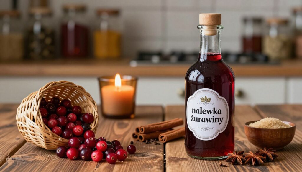 A beautifully arranged display of "nalewka żurawiny," showcasing its deep crimson color in a traditional glass bottle set on a rustic wooden table. In the foreground, fresh cranberries spill from a wicker basket, their vibrant red contrasting with the rich brown of the wood. Nearby, a set of assorted spices—cinnamon sticks, cloves, and star anise—are nestled alongside a small bowl of sugar, hinting at potential flavor experiments. In the middle ground, a softly lit amber candle flickers, casting warm light that accentuates the cozy, inviting atmosphere. The background features a gently blurred kitchen scene, with shelves filled with jars of spices and dried herbs, creating a homely touch. The entire composition evokes a sense of warmth and creativity, perfect for cool days.
