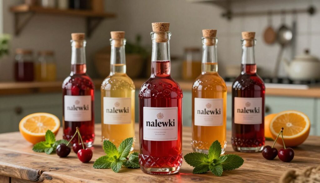 A beautifully arranged display of "nalewki" bottles, showcasing various homemade fruit liqueurs in elegant glass bottles with cork stoppers. The foreground features a crystal-clear bottle illuminated by soft, warm lighting, highlighting the vibrant colors of the liqueur inside, ranging from deep red raspberry to golden honey. Surrounding the main bottle are fresh fruits and herbs used in the infusions, such as cherries, citrus, and sprigs of mint, artfully arranged on a rustic wooden table. In the background, softly blurred, a vintage kitchen setting with shelves holding small glass jars and old-fashioned utensils adds charm. The overall mood is cozy and inviting, emphasizing the artisanal, homemade quality of nalewki. A beautifully arranged display of "nalewki" bottles, showcasing various homemade fruit liqueurs in elegant glass bottles with cork stoppers. The foreground features a crystal-clear bottle illuminated by soft, warm lighting, highlighting the vibrant colors of the liqueur inside, ranging from deep red raspberry to golden honey. Surrounding the main bottle are fresh fruits and herbs used in the infusions, such as cherries, citrus, and sprigs of mint, artfully arranged on a rustic wooden table. In the background, softly blurred, a vintage kitchen setting with shelves holding small glass jars and old-fashioned utensils adds charm. The overall mood is cozy and inviting, emphasizing the artisanal, homemade quality of nalewki.