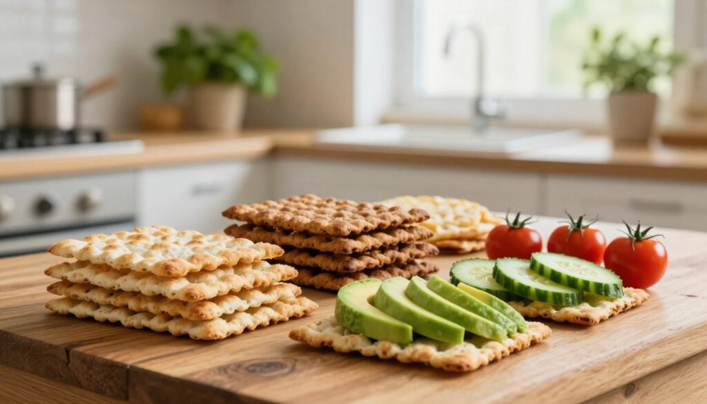 A beautifully arranged display of "pieczywo chrupkie" (crispy bread) on a rustic wooden table. In the foreground, several varieties of the crispbread are stacked artfully, showcasing their texture and golden-brown color. Next to the crispbread, healthy toppings such as sliced avocado, cucumber, and cherry tomatoes are artistically placed, reflecting a healthy lifestyle. In the middle ground, softly blurred, a light-filled kitchen is visible with fresh herbs in pots, suggesting a homely atmosphere. The background features subtle hints of a bright window, allowing natural light to flood the scene, creating a warm and inviting ambiance. This image should evoke a sense of wellness and health, perfect for promoting a nutritious diet. A beautifully arranged display of "pieczywo chrupkie" (crispy bread) on a rustic wooden table. In the foreground, several varieties of the crispbread are stacked artfully, showcasing their texture and golden-brown color. Next to the crispbread, healthy toppings such as sliced avocado, cucumber, and cherry tomatoes are artistically placed, reflecting a healthy lifestyle. In the middle ground, softly blurred, a light-filled kitchen is visible with fresh herbs in pots, suggesting a homely atmosphere. The background features subtle hints of a bright window, allowing natural light to flood the scene, creating a warm and inviting ambiance. This image should evoke a sense of wellness and health, perfect for promoting a nutritious diet.