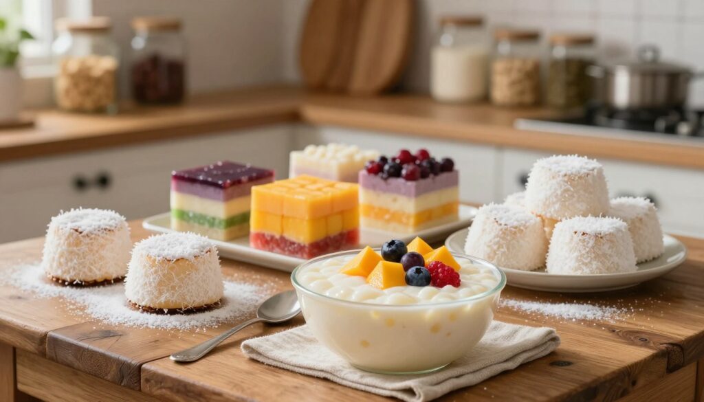 A beautifully arranged display of tapioca flour desserts on a rustic wooden table, showcasing a variety of sweet treats made with tapioca flour. In the foreground, a delicate bowl of creamy tapioca pudding, garnished with fresh fruits like mango and berries, sits alongside small coconut tapioca cakes dusted with powdered sugar. The middle ground features colorful layers of vibrant desserts, with a glowing soft light illuminating their textures. In the background, a serene kitchen environment with wooden shelves holding jars of ingredients provides a warm and inviting atmosphere. The overall mood is cozy and wholesome, perfect for a home baking setting, captured with a soft focus, emphasizing the deliciousness and versatility of tapioca flour in desserts. A beautifully arranged display of tapioca flour desserts on a rustic wooden table, showcasing a variety of sweet treats made with tapioca flour. In the foreground, a delicate bowl of creamy tapioca pudding, garnished with fresh fruits like mango and berries, sits alongside small coconut tapioca cakes dusted with powdered sugar. The middle ground features colorful layers of vibrant desserts, with a glowing soft light illuminating their textures. In the background, a serene kitchen environment with wooden shelves holding jars of ingredients provides a warm and inviting atmosphere. The overall mood is cozy and wholesome, perfect for a home baking setting, captured with a soft focus, emphasizing the deliciousness and versatility of tapioca flour in desserts.