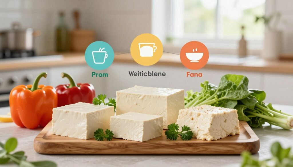 A beautifully arranged display of tofu, showcasing its nutritional value. In the foreground, an elegant wooden board features various types of tofu: silken, firm, and seasoned, surrounded by fresh vegetables like vibrant bell peppers, leafy greens, and herbs. In the middle, an infographic-like composition presents colorful icons representing protein, carbohydrates, and fat content, elegantly integrated with the tofu. The background boasts a softly lit kitchen setting, with sunlight streaming through a window, highlighting the natural textures and hues of the ingredients. The atmosphere is warm and inviting, emphasizing health and nutrition, perfect for a modern culinary article. Use a shallow depth of field for a clear focus on the tofu while the background gently blurs. Ensure balanced, natural lighting for a professional yet approachable aesthetic. A beautifully arranged display of tofu, showcasing its nutritional value. In the foreground, an elegant wooden board features various types of tofu: silken, firm, and seasoned, surrounded by fresh vegetables like vibrant bell peppers, leafy greens, and herbs. In the middle, an infographic-like composition presents colorful icons representing protein, carbohydrates, and fat content, elegantly integrated with the tofu. The background boasts a softly lit kitchen setting, with sunlight streaming through a window, highlighting the natural textures and hues of the ingredients. The atmosphere is warm and inviting, emphasizing health and nutrition, perfect for a modern culinary article. Use a shallow depth of field for a clear focus on the tofu while the background gently blurs. Ensure balanced, natural lighting for a professional yet approachable aesthetic.