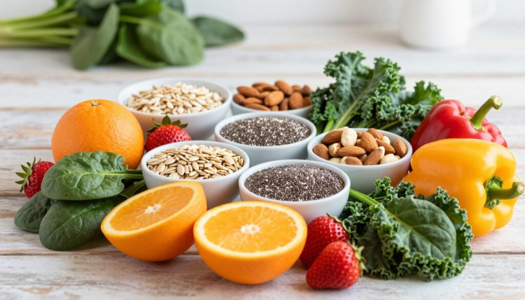 A beautifully arranged flat lay of various plant-based products that support collagen synthesis. In the foreground, fresh fruits and vegetables are artfully displayed, including oranges, strawberries, spinach, kale, and bell peppers, all showcasing vibrant colors. The middle layer features small bowls filled with collagen-boosting nuts and seeds, like almonds and chia seeds, creating an inviting contrast. The background is softly blurred, depicting a rustic wooden table with subtle green foliage, enhancing the natural feel of the image. Bright, natural lighting illuminates the scene, creating a fresh and healthy atmosphere. The lens is set for a slight depth of field effect, allowing the foreground to pop while maintaining the tranquil background. A beautifully arranged flat lay of various plant-based products that support collagen synthesis. In the foreground, fresh fruits and vegetables are artfully displayed, including oranges, strawberries, spinach, kale, and bell peppers, all showcasing vibrant colors. The middle layer features small bowls filled with collagen-boosting nuts and seeds, like almonds and chia seeds, creating an inviting contrast. The background is softly blurred, depicting a rustic wooden table with subtle green foliage, enhancing the natural feel of the image. Bright, natural lighting illuminates the scene, creating a fresh and healthy atmosphere. The lens is set for a slight depth of field effect, allowing the foreground to pop while maintaining the tranquil background.