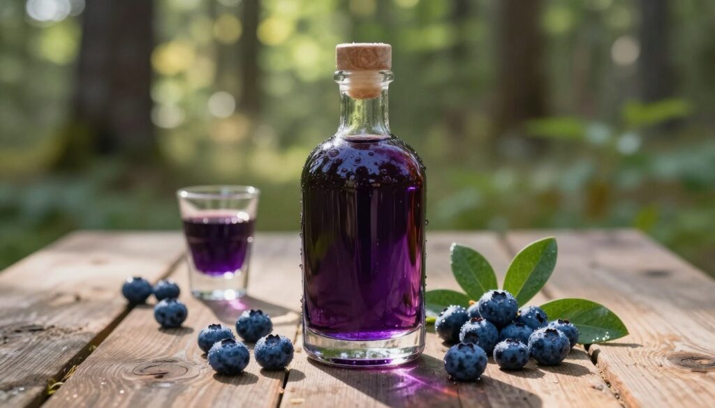 A beautifully arranged glass bottle of blueberry liqueur (nalewka jagód) sits gracefully in the foreground, catching the light and showcasing its rich, deep purple color, radiating a sense of forest freshness. Surrounding the bottle are fresh blueberries, glistening with dew, and delicate green leaves adding a natural touch. In the middle ground, a rustic wooden table is set with a small glass filled with the liqueur, its surface shimmering. The background features a soft-focused forest scene, with dappled sunlight filtering through the trees, creating a serene and inviting atmosphere. The image uses warm, soft lighting to enhance the colors and give a cozy feel, with a slightly blurred depth of field to draw attention to the liqueur as the focal point. A beautifully arranged glass bottle of blueberry liqueur (nalewka jagód) sits gracefully in the foreground, catching the light and showcasing its rich, deep purple color, radiating a sense of forest freshness. Surrounding the bottle are fresh blueberries, glistening with dew, and delicate green leaves adding a natural touch. In the middle ground, a rustic wooden table is set with a small glass filled with the liqueur, its surface shimmering. The background features a soft-focused forest scene, with dappled sunlight filtering through the trees, creating a serene and inviting atmosphere. The image uses warm, soft lighting to enhance the colors and give a cozy feel, with a slightly blurred depth of field to draw attention to the liqueur as the focal point.