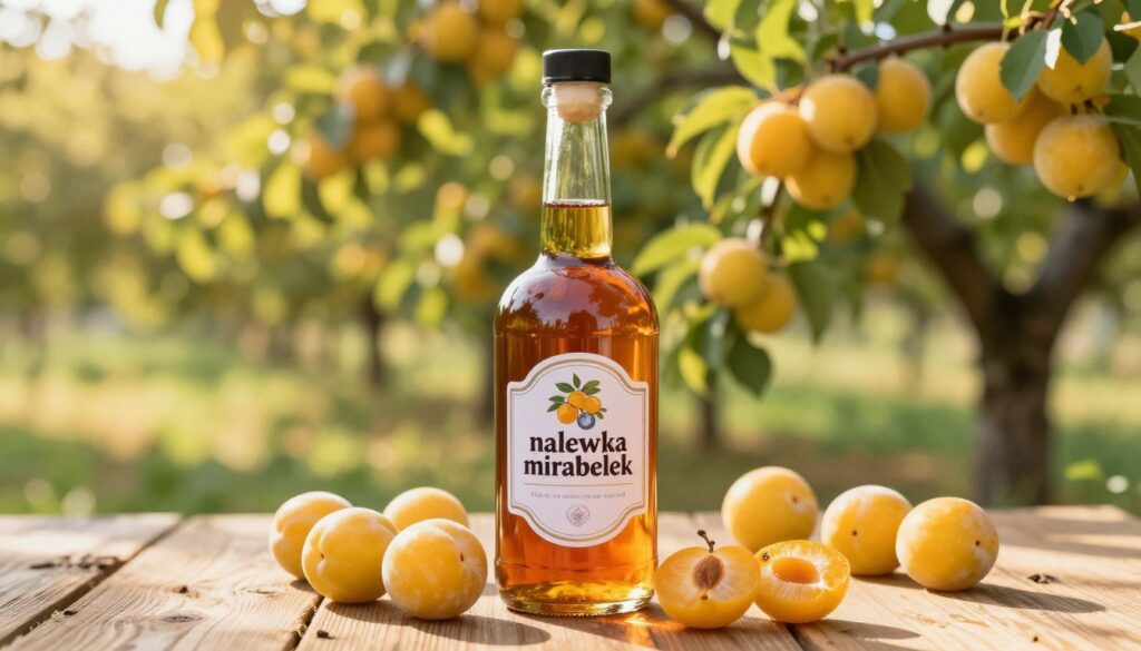 A beautifully arranged glass bottle of "nalewka mirabelek," showcasing the rich amber color of the liqueur. The bottle is placed prominently in the foreground on a rustic wooden table, surrounded by fresh mirabelle plums, some whole and others sliced to reveal the juicy interior. In the middle ground, a soft-focus background features a lush orchard with sunlit trees laden with ripe mirabelle fruits, their vibrant yellow hues glowing in the warm, golden afternoon light. The scene is illuminated with natural lighting, creating gentle reflections on the bottle's surface. The overall mood is warm and inviting, celebrating the traditional craft of making this homemade liqueur, emphasizing its rich flavor and heritage. A beautifully arranged glass bottle of "nalewka mirabelek," showcasing the rich amber color of the liqueur. The bottle is placed prominently in the foreground on a rustic wooden table, surrounded by fresh mirabelle plums, some whole and others sliced to reveal the juicy interior. In the middle ground, a soft-focus background features a lush orchard with sunlit trees laden with ripe mirabelle fruits, their vibrant yellow hues glowing in the warm, golden afternoon light. The scene is illuminated with natural lighting, creating gentle reflections on the bottle's surface. The overall mood is warm and inviting, celebrating the traditional craft of making this homemade liqueur, emphasizing its rich flavor and heritage.