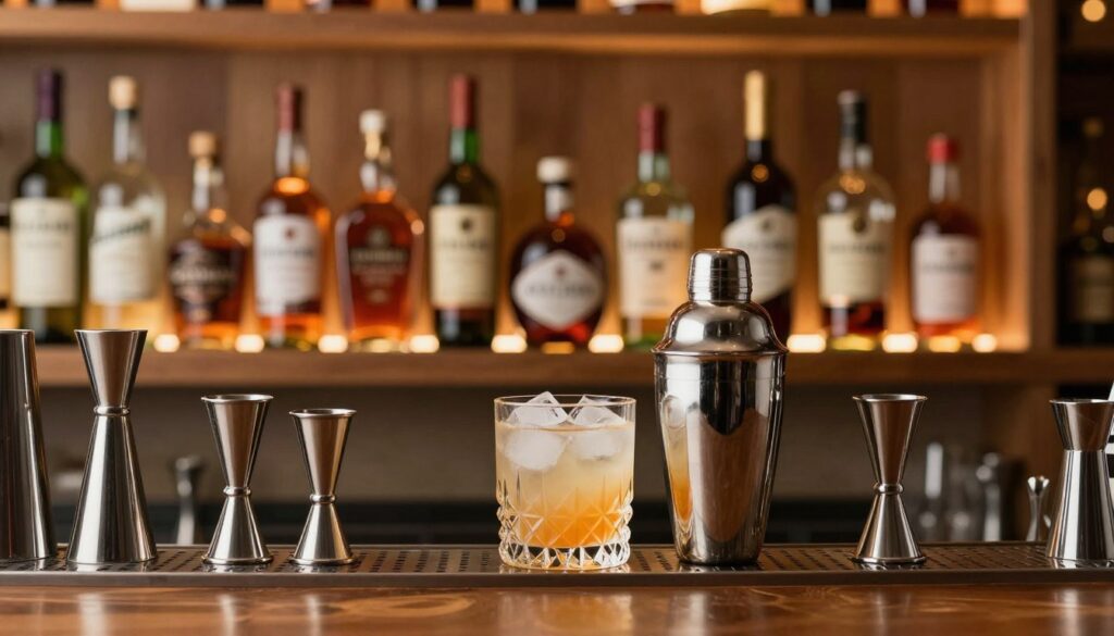 A beautifully arranged home bar setup displaying a variety of essential cocktail-making accessories. In the foreground, a stylish cocktail shaker gleams under soft, ambient lighting, with a crystal-clear glass filled with ice and a vibrant, garnished drink beside it, showcasing the art of mixology. In the middle, well-organized shelves feature a selection of premium spirits, bitters, and mixers; the bottles are elegantly labeled, with some bar tools like a jigger and muddler artistically positioned. The background features a softly blurred bar backdrop with warm wood tones and subtle lighting that creates a welcoming atmosphere, evoking a sense of sophistication. The overall mood is inviting and professional, perfect for inspiring home bartending. The image should be shot with a shallow depth of field to highlight the foreground details while keeping the background slightly out of focus. A beautifully arranged home bar setup displaying a variety of essential cocktail-making accessories. In the foreground, a stylish cocktail shaker gleams under soft, ambient lighting, with a crystal-clear glass filled with ice and a vibrant, garnished drink beside it, showcasing the art of mixology. In the middle, well-organized shelves feature a selection of premium spirits, bitters, and mixers; the bottles are elegantly labeled, with some bar tools like a jigger and muddler artistically positioned. The background features a softly blurred bar backdrop with warm wood tones and subtle lighting that creates a welcoming atmosphere, evoking a sense of sophistication. The overall mood is inviting and professional, perfect for inspiring home bartending. The image should be shot with a shallow depth of field to highlight the foreground details while keeping the background slightly out of focus.