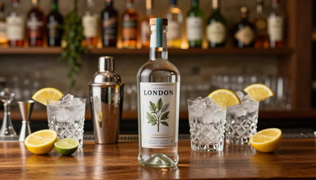 A beautifully arranged image of a classic London dry gin bottle, prominently displayed in the foreground on a polished wooden bar top. The bottle features a sleek, elegant design with a label showcasing intricate details and botanical illustrations. Surrounding the bottle, a few crystal-clear gin glasses filled with ice and garnished with slices of fresh citrus, such as lemon and lime, create an inviting atmosphere. In the middle ground, a stylish cocktail shaker and a jigger are placed, hinting at the art of mixology. The background features a soft-focus bar with shelves lined with various spirits and herbs, bathed in warm, ambient lighting that enhances the cozy, sophisticated mood of a home bar. The scene captures the essence of London dry gin as a fundamental staple in every home bartender's collection. A beautifully arranged image of a classic London dry gin bottle, prominently displayed in the foreground on a polished wooden bar top. The bottle features a sleek, elegant design with a label showcasing intricate details and botanical illustrations. Surrounding the bottle, a few crystal-clear gin glasses filled with ice and garnished with slices of fresh citrus, such as lemon and lime, create an inviting atmosphere. In the middle ground, a stylish cocktail shaker and a jigger are placed, hinting at the art of mixology. The background features a soft-focus bar with shelves lined with various spirits and herbs, bathed in warm, ambient lighting that enhances the cozy, sophisticated mood of a home bar. The scene captures the essence of London dry gin as a fundamental staple in every home bartender's collection.