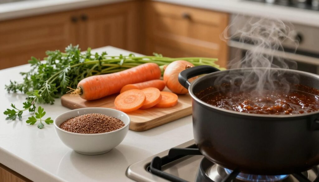 A beautifully arranged kitchen counter, featuring an array of ingredients for thickening sauces without cornstarch. In the foreground, a small bowl of finely ground flaxseed and a steaming pot of rich, dark sauce with a glistening surface. In the middle, fresh vegetables like carrots and onions are sliced, along with a scattering of herbs, emphasizing natural thickeners. The background reveals a cozy kitchen setting with warm wooden cabinets and soft, ambient lighting, creating an inviting atmosphere. Shot from a slightly elevated angle to capture the textures and colors of the ingredients, this image conveys the art of culinary techniques, highlighting creativity and the avoidance of traditional thickeners. A beautifully arranged kitchen counter, featuring an array of ingredients for thickening sauces without cornstarch. In the foreground, a small bowl of finely ground flaxseed and a steaming pot of rich, dark sauce with a glistening surface. In the middle, fresh vegetables like carrots and onions are sliced, along with a scattering of herbs, emphasizing natural thickeners. The background reveals a cozy kitchen setting with warm wooden cabinets and soft, ambient lighting, creating an inviting atmosphere. Shot from a slightly elevated angle to capture the textures and colors of the ingredients, this image conveys the art of culinary techniques, highlighting creativity and the avoidance of traditional thickeners.