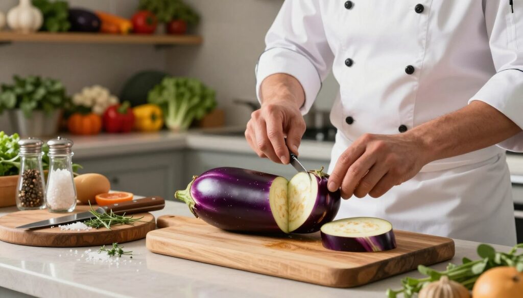A beautifully arranged kitchen counter showcasing the preparation of eggplant. In the foreground, a fresh, glossy purple eggplant is sliced in half, revealing its creamy interior. Rounded wooden cutting boards feature various knives and gourmet seasoning options like sea salt and herbs. In the middle ground, a chef, dressed in a neat white apron and comfortable attire, carefully trims the eggplant, with focused determination on their face. Soft, warm lighting illuminates the scene, casting gentle shadows that highlight the texture of the ingredients. The background features shelves lined with fresh vegetables and herbs, creating a homely yet professional atmosphere, inviting viewers to explore culinary creativity. The overall mood is vibrant and inspiring, embodying the essence of cooking with fresh ingredients. A beautifully arranged kitchen counter showcasing the preparation of eggplant. In the foreground, a fresh, glossy purple eggplant is sliced in half, revealing its creamy interior. Rounded wooden cutting boards feature various knives and gourmet seasoning options like sea salt and herbs. In the middle ground, a chef, dressed in a neat white apron and comfortable attire, carefully trims the eggplant, with focused determination on their face. Soft, warm lighting illuminates the scene, casting gentle shadows that highlight the texture of the ingredients. The background features shelves lined with fresh vegetables and herbs, creating a homely yet professional atmosphere, inviting viewers to explore culinary creativity. The overall mood is vibrant and inspiring, embodying the essence of cooking with fresh ingredients.