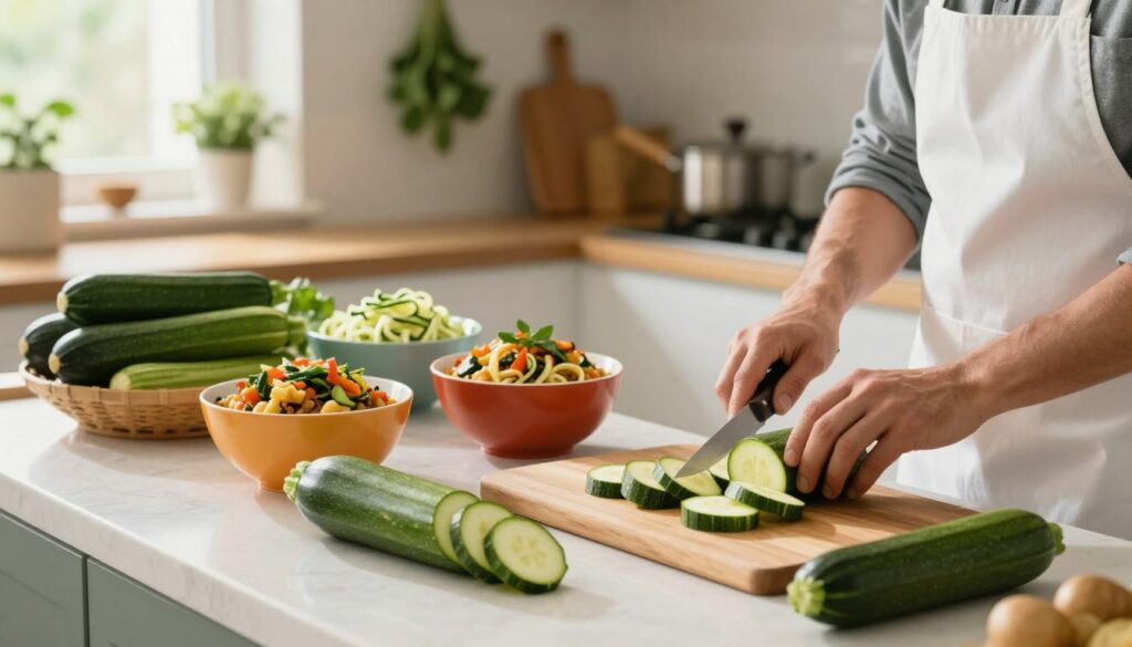A beautifully arranged kitchen countertop featuring fresh zucchinis in various culinary applications. In the foreground, a wooden cutting board displays sliced zucchinis and a vibrant vegetable medley, while a chef, dressed in a crisp white apron and casual shirt, skillfully prepares a dish with a knife. In the middle ground, colorful bowls filled with zucchini-based dishes like ratatouille and spiralized zucchini noodles are thoughtfully arranged, showcasing the versatility of this ingredient. The background features a sunlit kitchen with hanging herbs and cookware, creating a warm and inviting atmosphere. Soft, natural lighting enhances the colors, and the focus is slightly blurred to emphasize the main elements, capturing a cozy culinary moment. A beautifully arranged kitchen countertop featuring fresh zucchinis in various culinary applications. In the foreground, a wooden cutting board displays sliced zucchinis and a vibrant vegetable medley, while a chef, dressed in a crisp white apron and casual shirt, skillfully prepares a dish with a knife. In the middle ground, colorful bowls filled with zucchini-based dishes like ratatouille and spiralized zucchini noodles are thoughtfully arranged, showcasing the versatility of this ingredient. The background features a sunlit kitchen with hanging herbs and cookware, creating a warm and inviting atmosphere. Soft, natural lighting enhances the colors, and the focus is slightly blurred to emphasize the main elements, capturing a cozy culinary moment.