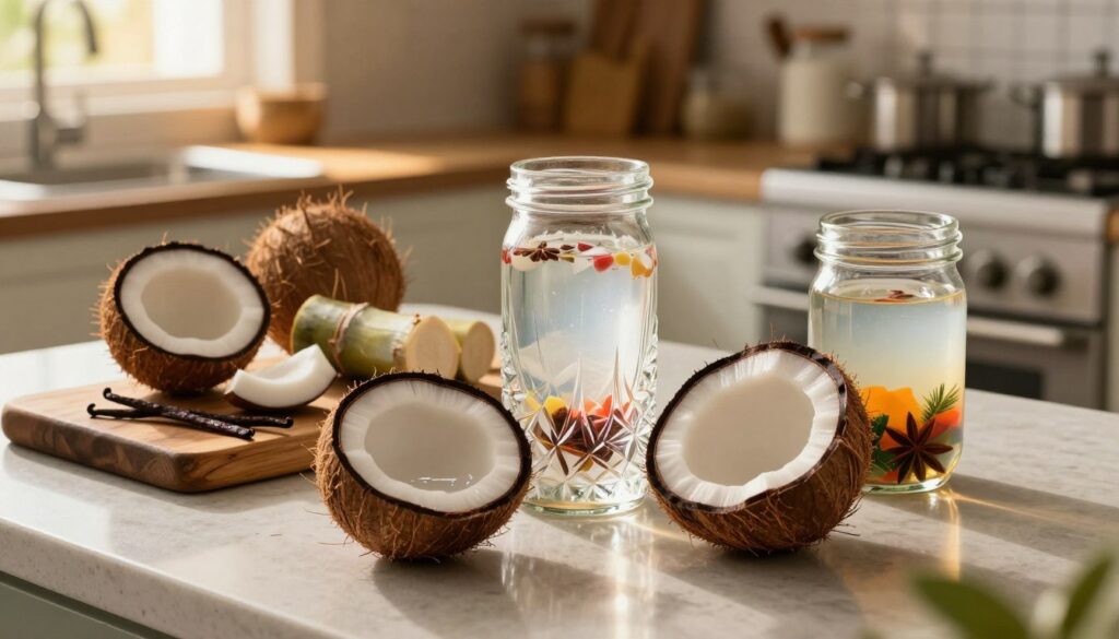 A beautifully arranged kitchen countertop featuring ingredients for making coconut moonshine. In the foreground, a coconut sits halved, with fresh coconut water glistening inside. A set of crystal-clear jars filled with coconut-infused spirits and spices lies beside it, showcasing earthy tones with hints of vibrant tropical colors. In the middle ground, a rustic wooden cutting board holds sliced coconuts, vanilla pods, and sugarcane, enhancing the natural feel. The background reveals a warm, inviting kitchen setting, softly illuminated by golden afternoon light filtering through a window, creating a cozy atmosphere. The focus is sharp on the ingredients, while the kitchen fades into a gentle blur, emphasizing the artisanal nature of home preparation. A beautifully arranged kitchen countertop featuring ingredients for making coconut moonshine. In the foreground, a coconut sits halved, with fresh coconut water glistening inside. A set of crystal-clear jars filled with coconut-infused spirits and spices lies beside it, showcasing earthy tones with hints of vibrant tropical colors. In the middle ground, a rustic wooden cutting board holds sliced coconuts, vanilla pods, and sugarcane, enhancing the natural feel. The background reveals a warm, inviting kitchen setting, softly illuminated by golden afternoon light filtering through a window, creating a cozy atmosphere. The focus is sharp on the ingredients, while the kitchen fades into a gentle blur, emphasizing the artisanal nature of home preparation.