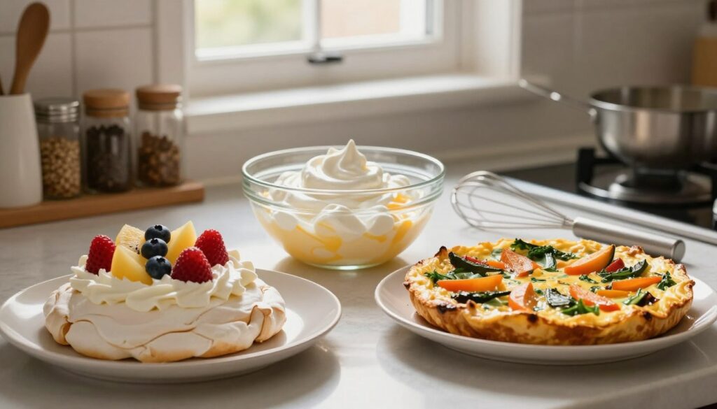 A beautifully arranged kitchen countertop featuring various delightful dishes made from egg whites, showcasing both sweet and savory options. In the foreground, a delicate pavlova topped with fresh fruits and whipped cream, and beside it, a savory frittata filled with vibrant vegetables. In the middle, a glass bowl of whipped egg whites, shimmering under soft, warm lighting, with a whisk resting nearby. The background includes kitchen elements like a neatly organized spice rack and a window with soft natural light filtering in, creating a cozy atmosphere. The overall mood is inviting and inspiring, reflecting creativity in cooking while emphasizing the importance of using egg whites effectively. A beautifully arranged kitchen countertop featuring various delightful dishes made from egg whites, showcasing both sweet and savory options. In the foreground, a delicate pavlova topped with fresh fruits and whipped cream, and beside it, a savory frittata filled with vibrant vegetables. In the middle, a glass bowl of whipped egg whites, shimmering under soft, warm lighting, with a whisk resting nearby. The background includes kitchen elements like a neatly organized spice rack and a window with soft natural light filtering in, creating a cozy atmosphere. The overall mood is inviting and inspiring, reflecting creativity in cooking while emphasizing the importance of using egg whites effectively.