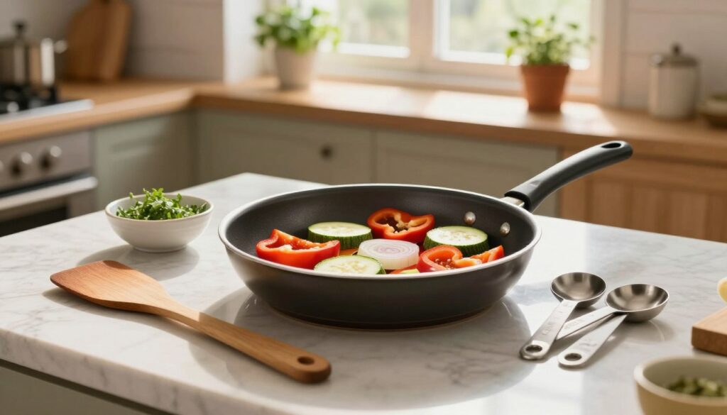 A beautifully arranged kitchen countertop showcasing essential frying accessories for cooking vegetables. In the foreground, a sleek, non-stick frying pan with a shiny surface, showing a vibrant mix of sliced peppers, zucchini, and onions artfully placed inside. Accompanying the pan are essential tools: a wooden spatula, a set of measuring spoons, and a small bowl of herbs for garnishing. In the middle ground, soft, natural sunlight illuminates the scene, casting gentle reflections on the cooking surface. The background features a cozy kitchen setting with wooden cabinets and potted herbs on the windowsill, creating an inviting atmosphere. The overall mood is warm and welcoming, perfect for quick, healthy meals. A beautifully arranged kitchen countertop showcasing essential frying accessories for cooking vegetables. In the foreground, a sleek, non-stick frying pan with a shiny surface, showing a vibrant mix of sliced peppers, zucchini, and onions artfully placed inside. Accompanying the pan are essential tools: a wooden spatula, a set of measuring spoons, and a small bowl of herbs for garnishing. In the middle ground, soft, natural sunlight illuminates the scene, casting gentle reflections on the cooking surface. The background features a cozy kitchen setting with wooden cabinets and potted herbs on the windowsill, creating an inviting atmosphere. The overall mood is warm and welcoming, perfect for quick, healthy meals.