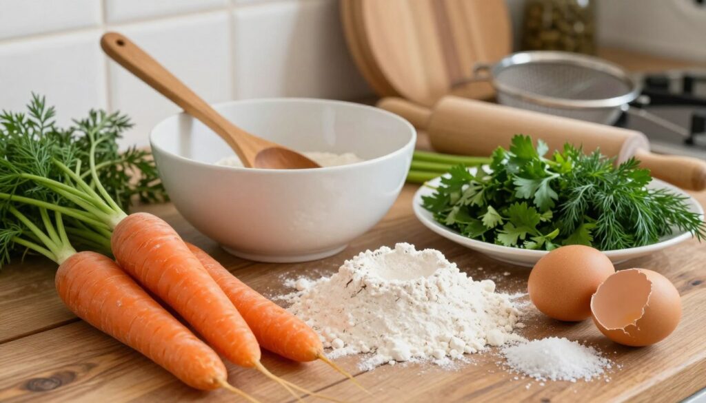 A beautifully arranged kitchen countertop showcasing the essential ingredients for making homemade carrot dumplings. In the foreground, vibrant, fresh carrots, a handful of flour, a cracked egg, and a pinch of salt are artistically placed on a rustic wooden surface. In the middle, a mixing bowl with a wooden spoon rests beside a plate filled with finely chopped herbs like parsley and dill, adding a pop of green. The background features soft-focus kitchen utensils, like a rolling pin and a flour sifter, creating a warm, inviting atmosphere. Soft, natural lighting illuminates the scene, highlighting the textures of the ingredients. The overall mood exudes a sense of homely warmth and culinary creativity. A beautifully arranged kitchen countertop showcasing the essential ingredients for making homemade carrot dumplings. In the foreground, vibrant, fresh carrots, a handful of flour, a cracked egg, and a pinch of salt are artistically placed on a rustic wooden surface. In the middle, a mixing bowl with a wooden spoon rests beside a plate filled with finely chopped herbs like parsley and dill, adding a pop of green. The background features soft-focus kitchen utensils, like a rolling pin and a flour sifter, creating a warm, inviting atmosphere. Soft, natural lighting illuminates the scene, highlighting the textures of the ingredients. The overall mood exudes a sense of homely warmth and culinary creativity.