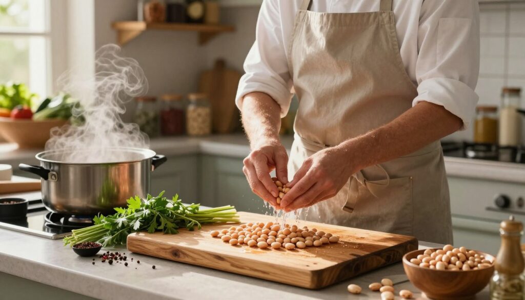 A beautifully arranged kitchen countertop showcasing the preparation of 'Fasola Jaś' beans. In the foreground, a rustic wooden cutting board displays freshly hulled beans alongside vibrant green herbs and spices. A pot of boiling water simmers nearby, steam gently rising. In the middle, a chef in a neat, modest apron is carefully rinsing the beans under cool water, focused and intent. Sunlight streams through a nearby window, casting warm, inviting light across the scene. In the background, shelves line the wall filled with jars of spices and a bowl of fresh vegetables, enhancing the cozy, home-cooked atmosphere. The overall mood is one of warmth and nurturing, evoking traditional cooking practices and a connection to wholesome nutrition. A beautifully arranged kitchen countertop showcasing the preparation of 'Fasola Jaś' beans. In the foreground, a rustic wooden cutting board displays freshly hulled beans alongside vibrant green herbs and spices. A pot of boiling water simmers nearby, steam gently rising. In the middle, a chef in a neat, modest apron is carefully rinsing the beans under cool water, focused and intent. Sunlight streams through a nearby window, casting warm, inviting light across the scene. In the background, shelves line the wall filled with jars of spices and a bowl of fresh vegetables, enhancing the cozy, home-cooked atmosphere. The overall mood is one of warmth and nurturing, evoking traditional cooking practices and a connection to wholesome nutrition.