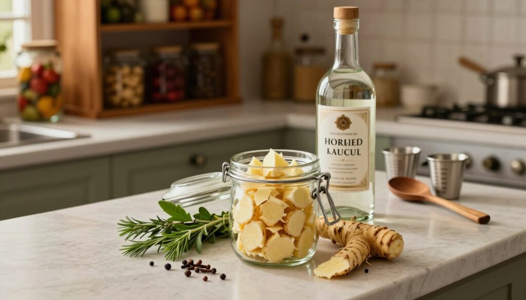 A beautifully arranged kitchen countertop showcasing the preparation of horseradish liqueur. In the foreground, a glass jar filled with freshly grated horseradish roots, surrounded by sprigs of herbs and spices such as peppercorns and cloves. The middle ground features a bottle of clear liqueur, elegantly labeled, along with measuring cups and a wooden spoon. In the background, warm, soft lighting casts a cozy glow over rustic kitchen elements like wooden shelves lined with jars of fruits and spices, emphasizing the traditional aspect of the recipe. The atmosphere is inviting and homely, evoking a sense of culinary craftsmanship and heritage. The lens captures the scene from a slightly elevated angle for an appetizing view.