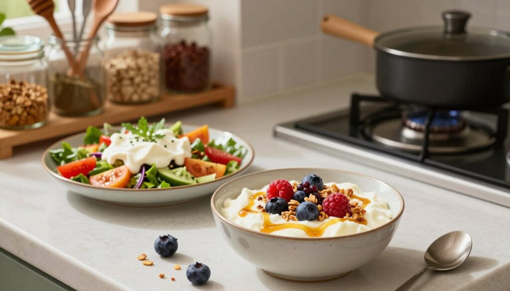 A beautifully arranged kitchen countertop showcasing various culinary uses of skyr. In the foreground, a bowl of creamy skyr topped with fresh berries, honey drizzles, and granola, all invitingly displayed. In the middle ground, a vibrant salad incorporating skyr as a dressing, with colorful vegetables and herbs. In the background, a well-organized shelf filled with jars of spices and cooking tools, hinting at a cozy cooking space. The lighting is warm and natural, creating a welcoming atmosphere. Use a soft focus effect to emphasize the deliciousness of the skyr dishes, captured from a slightly elevated angle. The mood is cheerful and inspiring, promoting healthy eating and creativity in the kitchen. A beautifully arranged kitchen countertop showcasing various culinary uses of skyr. In the foreground, a bowl of creamy skyr topped with fresh berries, honey drizzles, and granola, all invitingly displayed. In the middle ground, a vibrant salad incorporating skyr as a dressing, with colorful vegetables and herbs. In the background, a well-organized shelf filled with jars of spices and cooking tools, hinting at a cozy cooking space. The lighting is warm and natural, creating a welcoming atmosphere. Use a soft focus effect to emphasize the deliciousness of the skyr dishes, captured from a slightly elevated angle. The mood is cheerful and inspiring, promoting healthy eating and creativity in the kitchen.