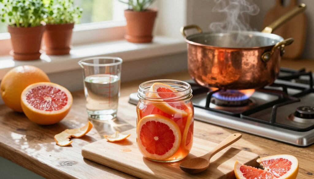 A beautifully arranged kitchen scene displaying the step-by-step process of making grapefruit nalewka. In the foreground, a clear glass jar filled with vibrant, ruby-red grapefruit slices and a wooden spoon resting on a cutting board. The middle ground features a rustic table decorated with scattered grapefruit peels, a copper pot set over a gas stove with a flickering flame, and a measuring cup filled with clear alcohol. In the background, a sunlit window with fresh herbs potted on the sill, casting gentle shadows across the scene. The warm, inviting lighting creates a cozy atmosphere. The angle is slightly elevated to capture the entire process, emphasizing the vibrant colors and textures of the ingredients, evoking a sense of tradition and craftsmanship. A beautifully arranged kitchen scene displaying the step-by-step process of making grapefruit nalewka. In the foreground, a clear glass jar filled with vibrant, ruby-red grapefruit slices and a wooden spoon resting on a cutting board. The middle ground features a rustic table decorated with scattered grapefruit peels, a copper pot set over a gas stove with a flickering flame, and a measuring cup filled with clear alcohol. In the background, a sunlit window with fresh herbs potted on the sill, casting gentle shadows across the scene. The warm, inviting lighting creates a cozy atmosphere. The angle is slightly elevated to capture the entire process, emphasizing the vibrant colors and textures of the ingredients, evoking a sense of tradition and craftsmanship.