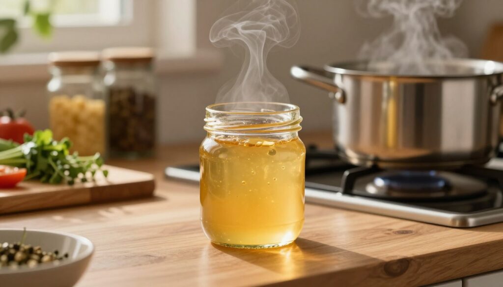 A beautifully arranged kitchen scene showcasing a jar of golden, clarified butter (masło klarowane) on a wooden countertop. The jar is translucent, revealing the rich, buttery texture inside, illuminated by warm, soft lighting that enhances its golden hue. In the foreground, a stainless steel pot sits on a stove, steam gently wafting from it, indicating that it is ready for cooking. In the background, herbs and spices in decorative jars add a touch of color, while a cutting board with fresh vegetables hints at culinary applications. The overall atmosphere is inviting and cozy, evoking a sense of warmth and comfort, ideal for cooking with high smoke point ingredients. Use a shallow depth of field to focus on the jar of clarified butter while softly blurring the surrounding kitchen elements.