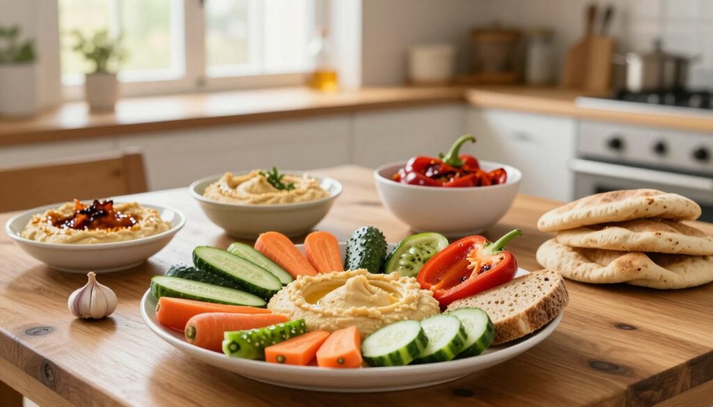 A beautifully arranged kitchen scene showcasing creative uses of hummus in daily cooking. In the foreground, a vibrant plate of assorted fresh vegetables such as carrots, cucumbers, and bell peppers is artistically arranged alongside various types of whole grain bread and pita. In the middle, a rustic wooden table holds bowls filled with different flavors of hummus, such as roasted red pepper and garlic. In the background, a sunny kitchen window filters soft, warm light into the space, enhancing the inviting and homely atmosphere. The scene should evoke a sense of creativity and culinary exploration, with an emphasis on healthy eating and vibrant colors. Capture the image with a shallow depth of field to focus on the foreground elements while gently blurring the background for aesthetic appeal. A beautifully arranged kitchen scene showcasing creative uses of hummus in daily cooking. In the foreground, a vibrant plate of assorted fresh vegetables such as carrots, cucumbers, and bell peppers is artistically arranged alongside various types of whole grain bread and pita. In the middle, a rustic wooden table holds bowls filled with different flavors of hummus, such as roasted red pepper and garlic. In the background, a sunny kitchen window filters soft, warm light into the space, enhancing the inviting and homely atmosphere. The scene should evoke a sense of creativity and culinary exploration, with an emphasis on healthy eating and vibrant colors. Capture the image with a shallow depth of field to focus on the foreground elements while gently blurring the background for aesthetic appeal.