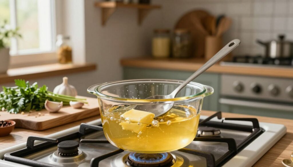 A beautifully arranged kitchen scene showcasing the process of making clarified butter (masło klarowane). In the foreground, a clear glass pot with golden, melted butter gently simmering on a stovetop, with a ladle resting beside it. The middle ground features a wooden cutting board with fresh herbs, garlic cloves, and a small bowl of spices, emphasizing the natural and healthy aspect of the preparation. In the background, a sunlit window casts warm light over the scene, illuminating a cozy kitchen environment with rustic shelves filled with jars and utensils. The atmosphere is warm and inviting, conveying the essence of home cooking and health. Capture this serene moment with soft focus and vibrant colors, highlighting the richness of the clarified butter.