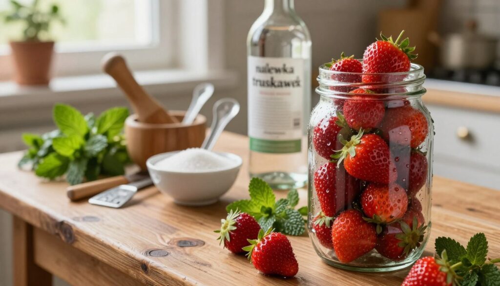 A beautifully arranged kitchen scene, showcasing the process of making "nalewka truskawek." In the foreground, a large glass jar filled with vibrant, ripe strawberries, glistening with droplets of water. Next to it, a bottle of clear vodka and a bowl of sugar. In the middle ground, a rustic wooden table with utensils like a muddler and measuring cups, surrounded by fresh herbs like mint for garnish. The background features soft, warm lighting coming through a window, highlighting the cozy atmosphere. The scene is inviting and evokes a sense of summer joy. The composition has a slight tilt to give a dynamic feel, capturing the essence of homemade tradition and the sweetness of strawberries. A beautifully arranged kitchen scene, showcasing the process of making "nalewka truskawek." In the foreground, a large glass jar filled with vibrant, ripe strawberries, glistening with droplets of water. Next to it, a bottle of clear vodka and a bowl of sugar. In the middle ground, a rustic wooden table with utensils like a muddler and measuring cups, surrounded by fresh herbs like mint for garnish. The background features soft, warm lighting coming through a window, highlighting the cozy atmosphere. The scene is inviting and evokes a sense of summer joy. The composition has a slight tilt to give a dynamic feel, capturing the essence of homemade tradition and the sweetness of strawberries.