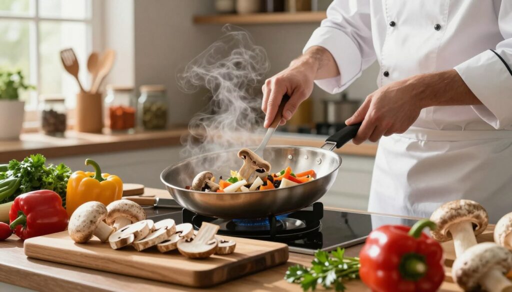 A beautifully arranged kitchen scene showcasing various culinary uses of mushrooms, particularly the common mushroom. In the foreground, a wooden cutting board displays freshly sliced pieczarki alongside vibrant vegetables like bell peppers and parsley. In the middle, a chef, dressed in a professional white coat and apron, skillfully stir-fries an assortment of ingredients in a sleek stainless-steel pan, with steam rising artfully. In the background, shelves filled with jars of spices and utensils create a warm, inviting atmosphere. Soft, natural lighting filters through a nearby window, casting gentle shadows and highlighting the textures. The overall mood is dynamic and appetizing, emphasizing the practical and versatile use of mushrooms in cooking.