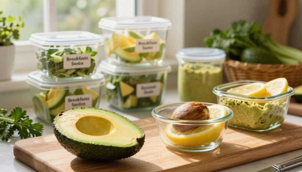 A beautifully arranged kitchen scene showcasing various methods of avocado storage to prevent browning. In the foreground, a fresh, halved avocado rests on a wooden cutting board, its vibrant green flesh glistening under warm, natural light. Next to it, a small glass container holds an avocado pit surrounded by slices of lemon, symbolizing preservation techniques. In the middle, neatly organized containers are labeled with ingredients for avocado-based breakfasts, salads, and spreads. Soft, diffused sunlight streams in through a window in the background, illuminating fresh herbs and other vegetables, adding a fresh, organic feel to the atmosphere. The overall mood is inviting and educational, capturing the essence of proper avocado storage and culinary creativity. A beautifully arranged kitchen scene showcasing various methods of avocado storage to prevent browning. In the foreground, a fresh, halved avocado rests on a wooden cutting board, its vibrant green flesh glistening under warm, natural light. Next to it, a small glass container holds an avocado pit surrounded by slices of lemon, symbolizing preservation techniques. In the middle, neatly organized containers are labeled with ingredients for avocado-based breakfasts, salads, and spreads. Soft, diffused sunlight streams in through a window in the background, illuminating fresh herbs and other vegetables, adding a fresh, organic feel to the atmosphere. The overall mood is inviting and educational, capturing the essence of proper avocado storage and culinary creativity.