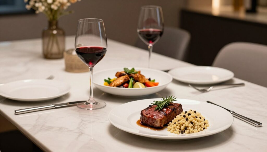 A beautifully arranged modern dining table set for an elegant dinner, showcasing a fusion of international meat dishes. In the foreground, a perfectly plated roast beef with herbs and a side of Mediterranean couscous, glistening in a gentle overhead light. Beside it, a delicate Asian-style stir-fried chicken served in a vibrant bowl, garnished with colorful vegetables. The middle section features elegant wine glasses filled with rich red wine, positioned next to minimalist cutlery. In the background, a softly blurred setting of sophisticated dining decor, with warm lighting accentuating an inviting atmosphere. The mood is refined and stylish, perfect for a contemporary gourmet experience, captured with a shallow depth of field to emphasize the dishes. A beautifully arranged modern dining table set for an elegant dinner, showcasing a fusion of international meat dishes. In the foreground, a perfectly plated roast beef with herbs and a side of Mediterranean couscous, glistening in a gentle overhead light. Beside it, a delicate Asian-style stir-fried chicken served in a vibrant bowl, garnished with colorful vegetables. The middle section features elegant wine glasses filled with rich red wine, positioned next to minimalist cutlery. In the background, a softly blurred setting of sophisticated dining decor, with warm lighting accentuating an inviting atmosphere. The mood is refined and stylish, perfect for a contemporary gourmet experience, captured with a shallow depth of field to emphasize the dishes.