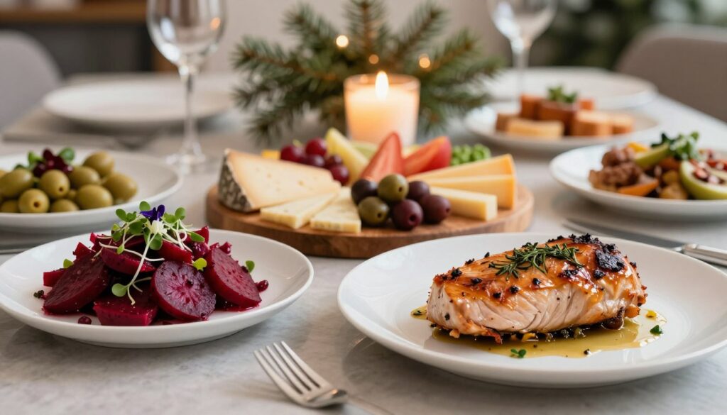 A beautifully arranged modern holiday table featuring elegant, contemporary dishes. In the foreground, a sleek white plate showcases a vibrant beetroot salad garnished with microgreens and edible flowers, beside a sophisticated roasted turkey breast with herb-infused glaze. In the middle, a variety of dishes including a charcuterie board with artisan cheeses, olives, and fresh fruits, all arranged artistically. In the background, a softly glowing centerpiece with candles and a touch of pine greenery creates a warm atmosphere. The lighting is soft and inviting, highlighting the colors of the food. The scene captures a festive yet modern holiday spirit, emphasizing a relaxed elegance, perfect for a contemporary Christmas celebration. A beautifully arranged modern holiday table featuring elegant, contemporary dishes. In the foreground, a sleek white plate showcases a vibrant beetroot salad garnished with microgreens and edible flowers, beside a sophisticated roasted turkey breast with herb-infused glaze. In the middle, a variety of dishes including a charcuterie board with artisan cheeses, olives, and fresh fruits, all arranged artistically. In the background, a softly glowing centerpiece with candles and a touch of pine greenery creates a warm atmosphere. The lighting is soft and inviting, highlighting the colors of the food. The scene captures a festive yet modern holiday spirit, emphasizing a relaxed elegance, perfect for a contemporary Christmas celebration.