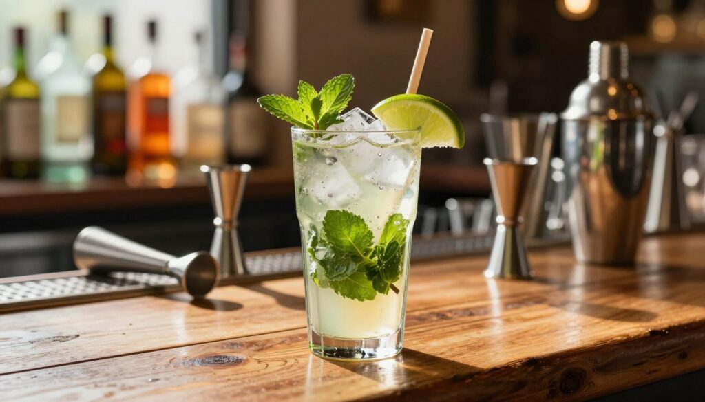 A beautifully arranged mojito cocktail sits on a rustic wooden bar counter, glistening in the warm, golden sunlight filtering through a nearby window. In the foreground, the cocktail features vibrant green mint leaves, glistening ice cubes, thinly sliced lime wedges, and a sprig of mint on top, all in a clear glass with a sturdy straw. In the middle ground, there are essential bar tools such as a muddler, a jigger, and a cocktail shaker, hinting at a practical bartending setup. The soft bokeh effect in the background blurs out shelves lined with colorful bottles, creating an inviting and refreshing atmosphere. The scene embodies professionalism and creativity, tailored for beginner bartenders looking to enhance their skills. The lighting is natural and warm, reflecting a cozy bar ambiance. A beautifully arranged mojito cocktail sits on a rustic wooden bar counter, glistening in the warm, golden sunlight filtering through a nearby window. In the foreground, the cocktail features vibrant green mint leaves, glistening ice cubes, thinly sliced lime wedges, and a sprig of mint on top, all in a clear glass with a sturdy straw. In the middle ground, there are essential bar tools such as a muddler, a jigger, and a cocktail shaker, hinting at a practical bartending setup. The soft bokeh effect in the background blurs out shelves lined with colorful bottles, creating an inviting and refreshing atmosphere. The scene embodies professionalism and creativity, tailored for beginner bartenders looking to enhance their skills. The lighting is natural and warm, reflecting a cozy bar ambiance.